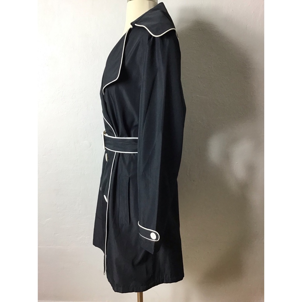 Vertigo black w/ white piping retro style collared belted rain tench coat jacket - Picture 5 of 12